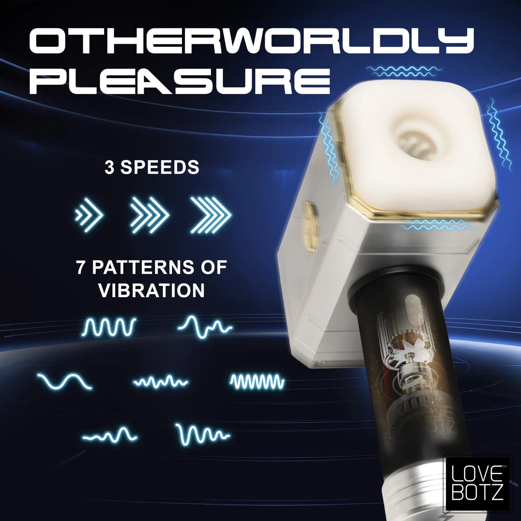 LoveBotz Thunder Stroker sucking masturbator with white square head, black handle, and neon vibration/speed graphics.