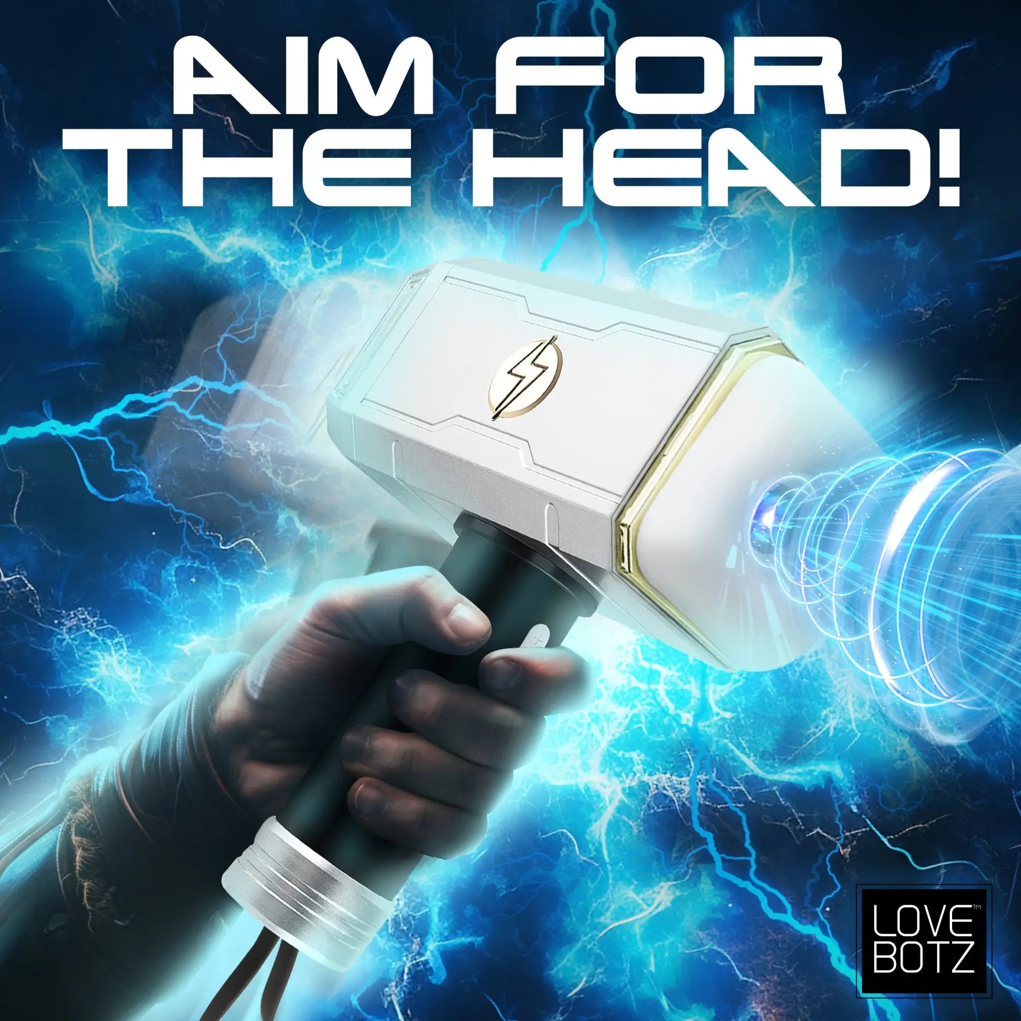 LoveBotz Thunder Stroker hammer-shaped masturbator in silver and black against a blue lightning background.