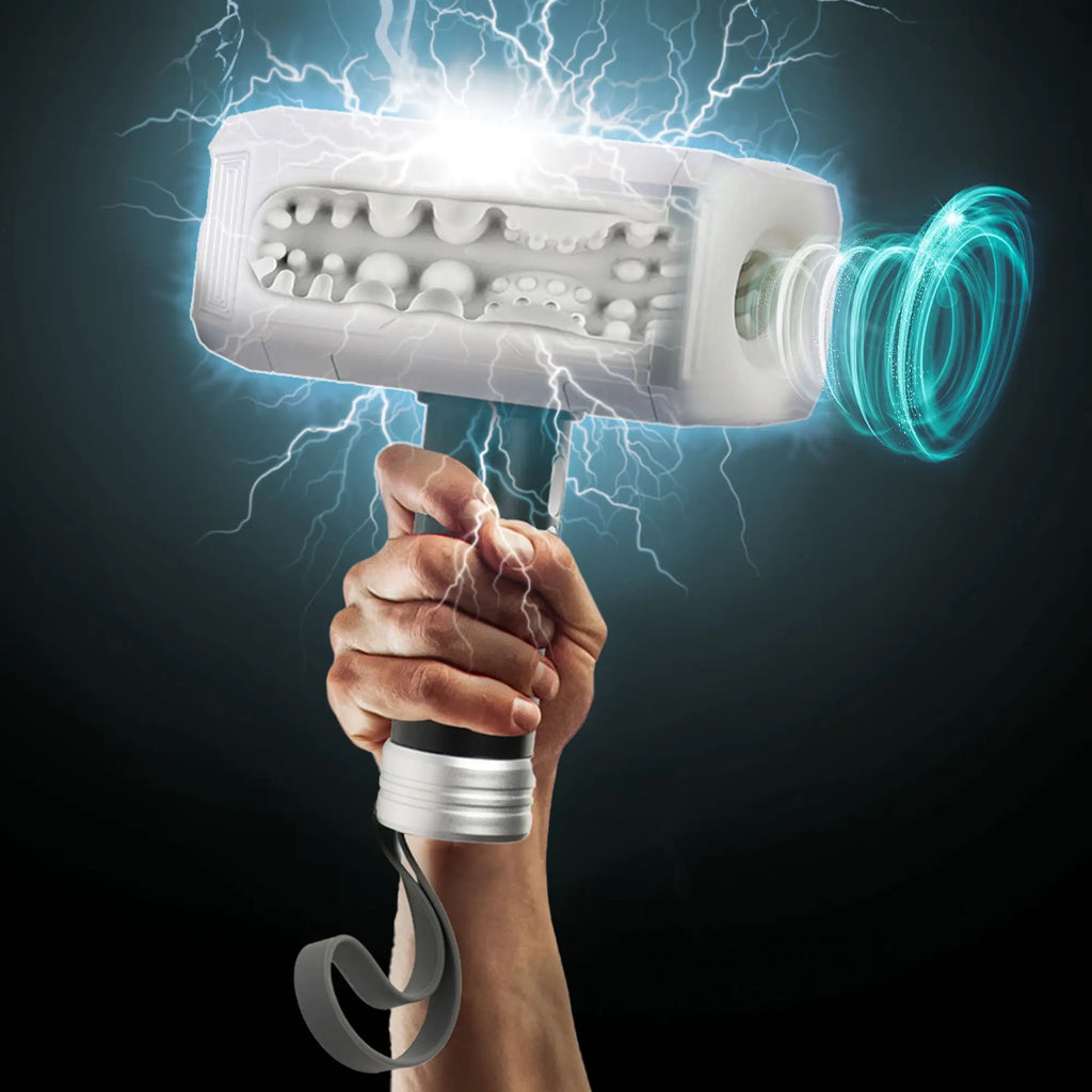 LoveBotz Thunder Stroker sucking masturbator, white device held by a hand, surrounded by digital lightning effects.