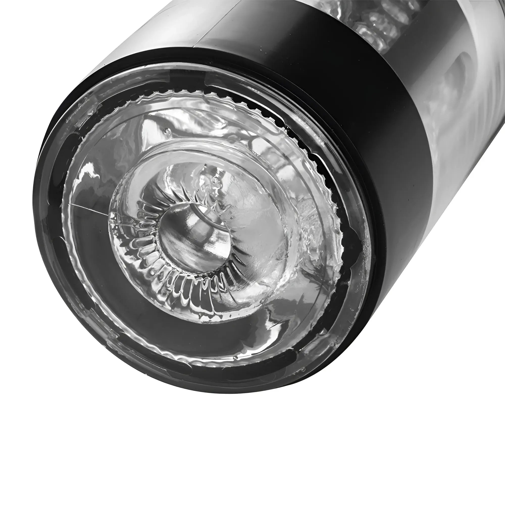 LoveBotz Ultra Bator: Black cylindrical automatic stroker featuring a textured, clear internal sleeve.