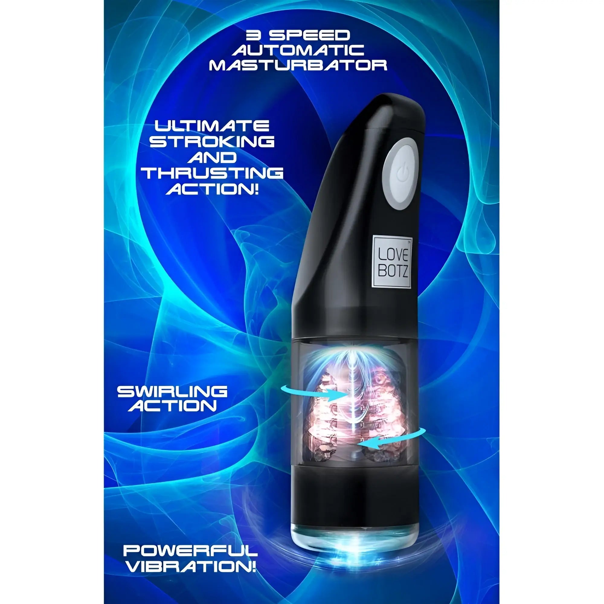LoveBotz Ultra Bator: Black automatic stroker with clear chamber, swirling motion display, and 3-speed power button.