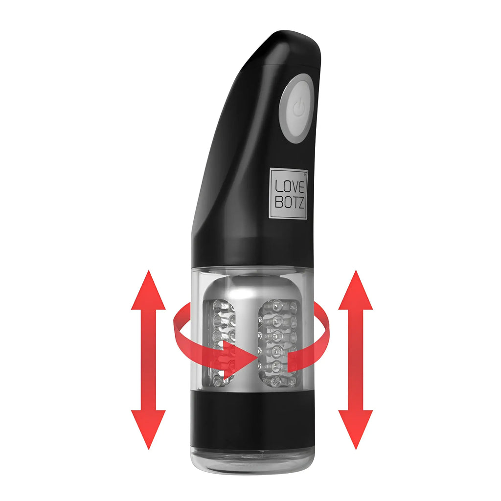 LoveBotz Ultra Bator automatic stroker: black handheld device with a textured silver inner sleeve and motion arrows.