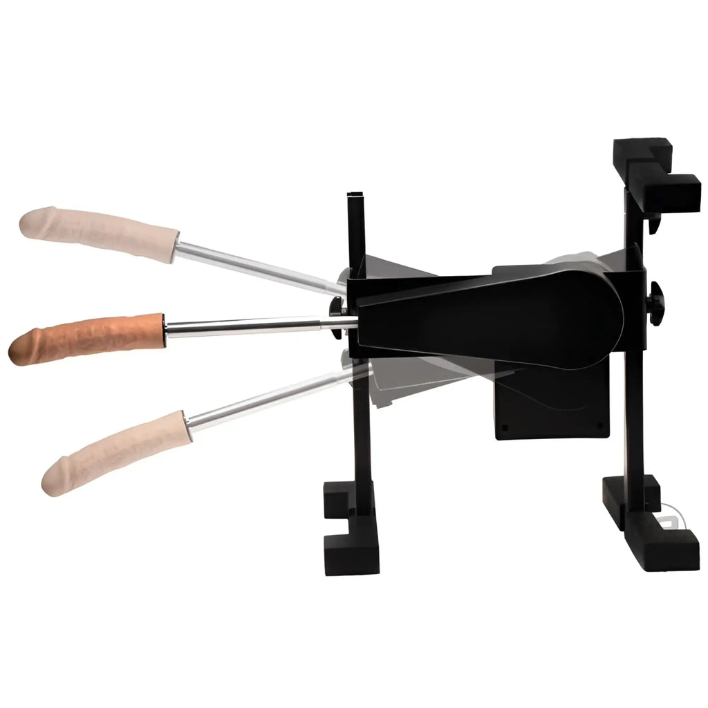 LoveBotz Versa machine: black frame with three skin-toned, phallic attachments on silver rods on a white background.
