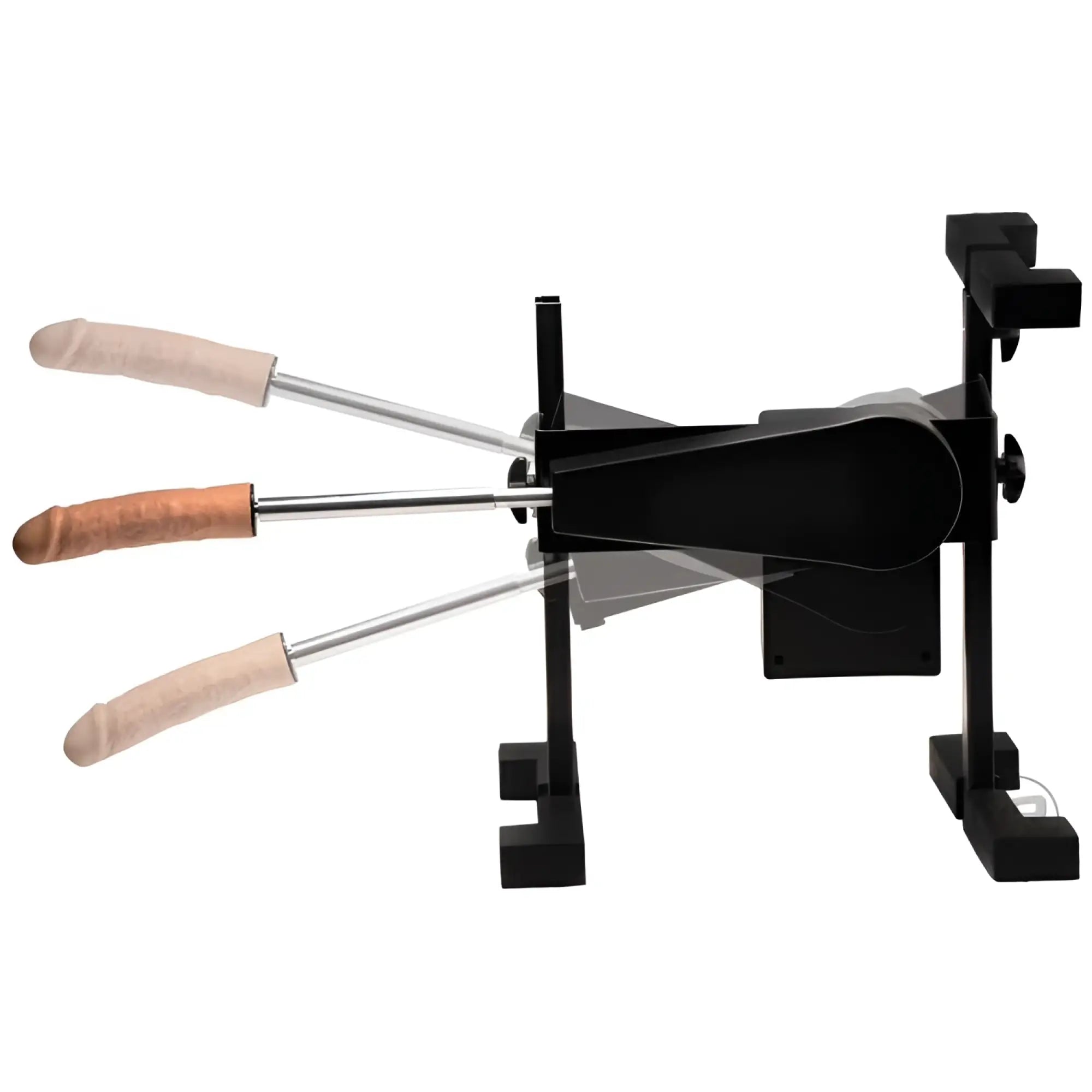 LoveBotz Versa machine: black frame with three skin-toned, phallic attachments on silver rods on a white background.