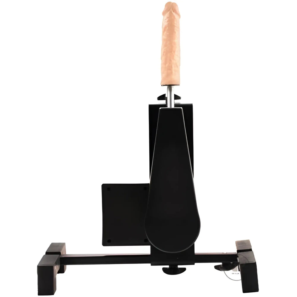 LoveBotz Versa machine: A black, mechanical stand-based device featuring an upright, realistic skin-toned dildo.