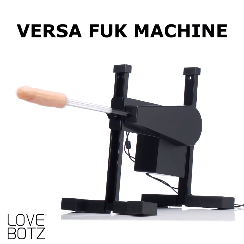 LoveBotz Versa Fuk Machine: A black, stand-mounted mechanical thrusting device with a flesh-toned silicone attachment.