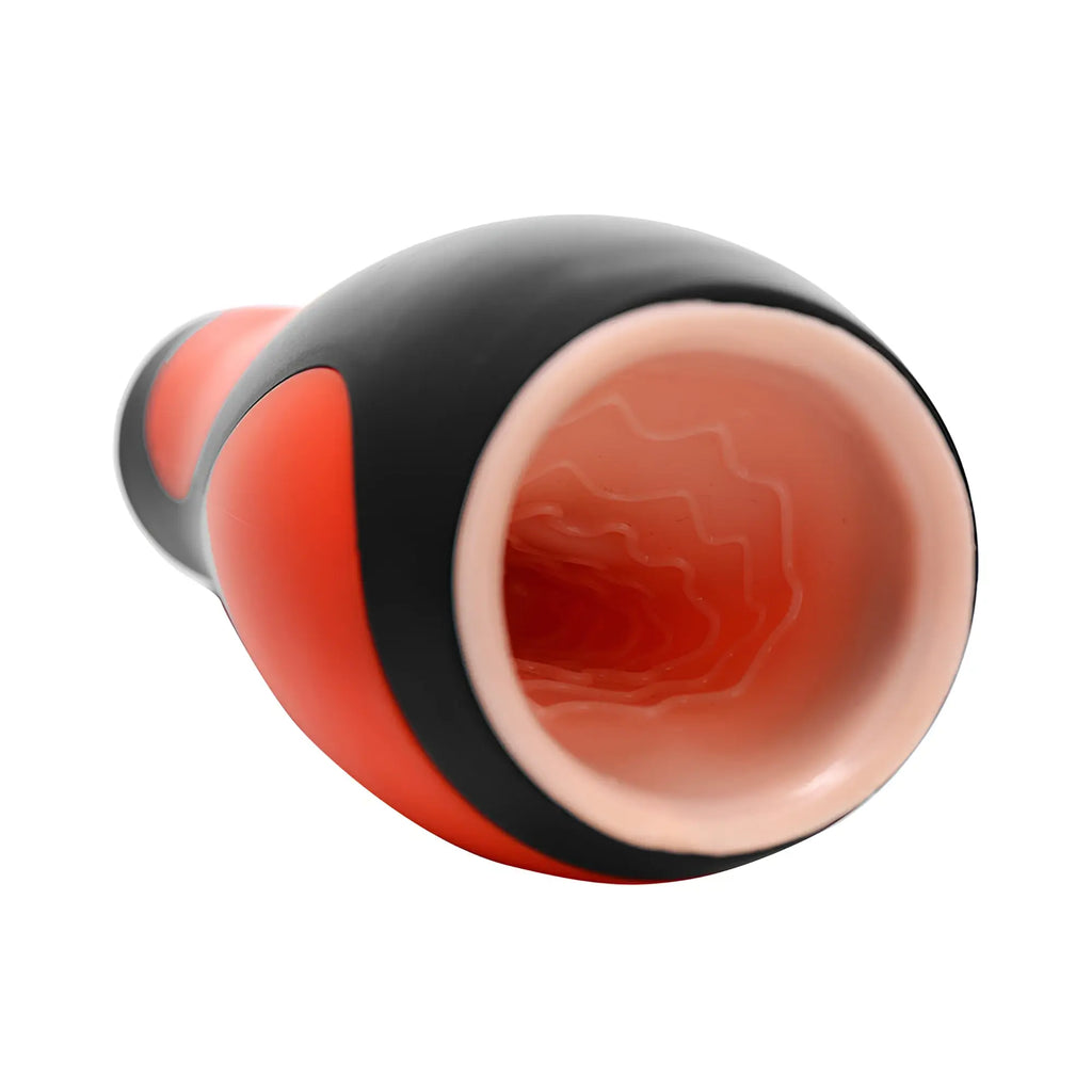 LoveBotz Vibra Head Bionic Auto Stroker in red and black with a textured, flesh-toned internal sleeve.