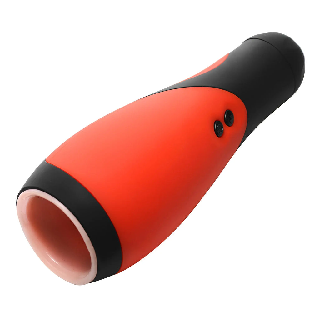 LoveBotz Vibra Head Bionic Auto Stroker in red and black with a pink internal sleeve and side control buttons.