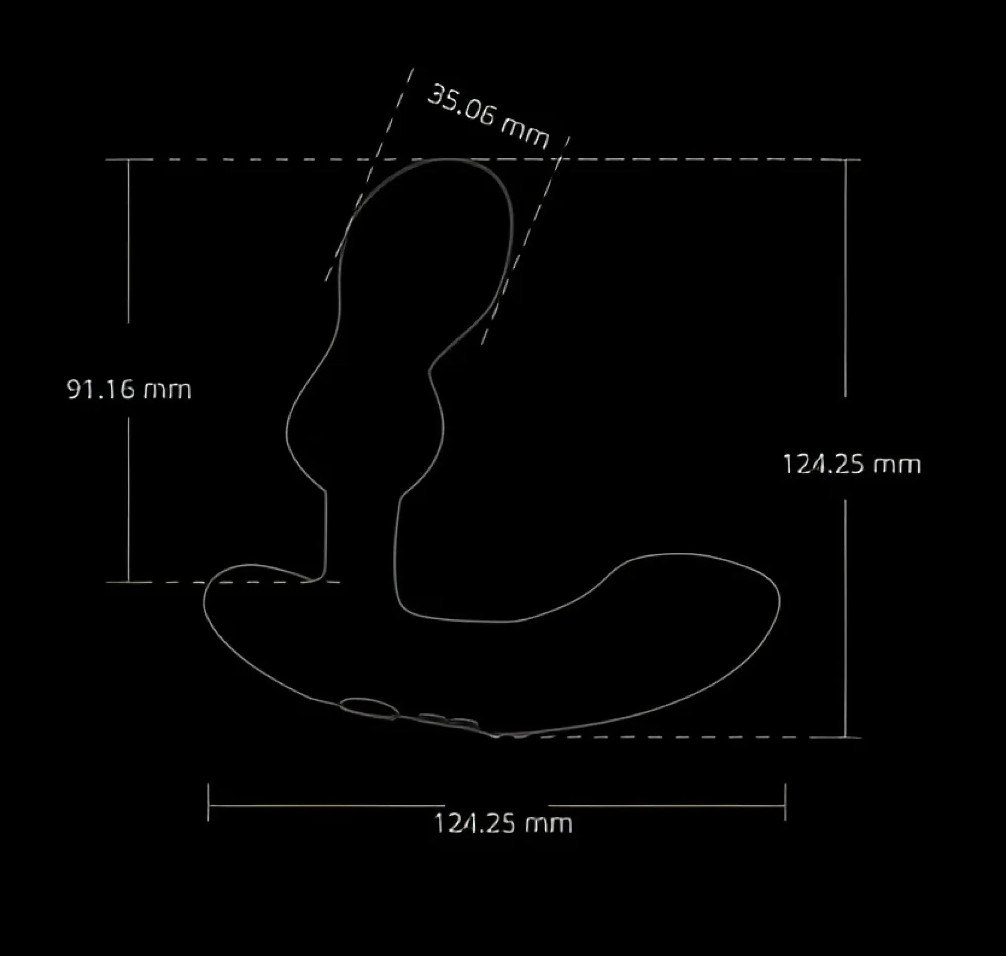 Lovense Edge 2 prostate massager silhouette against a black background, featuring white dimension lines and measurements.