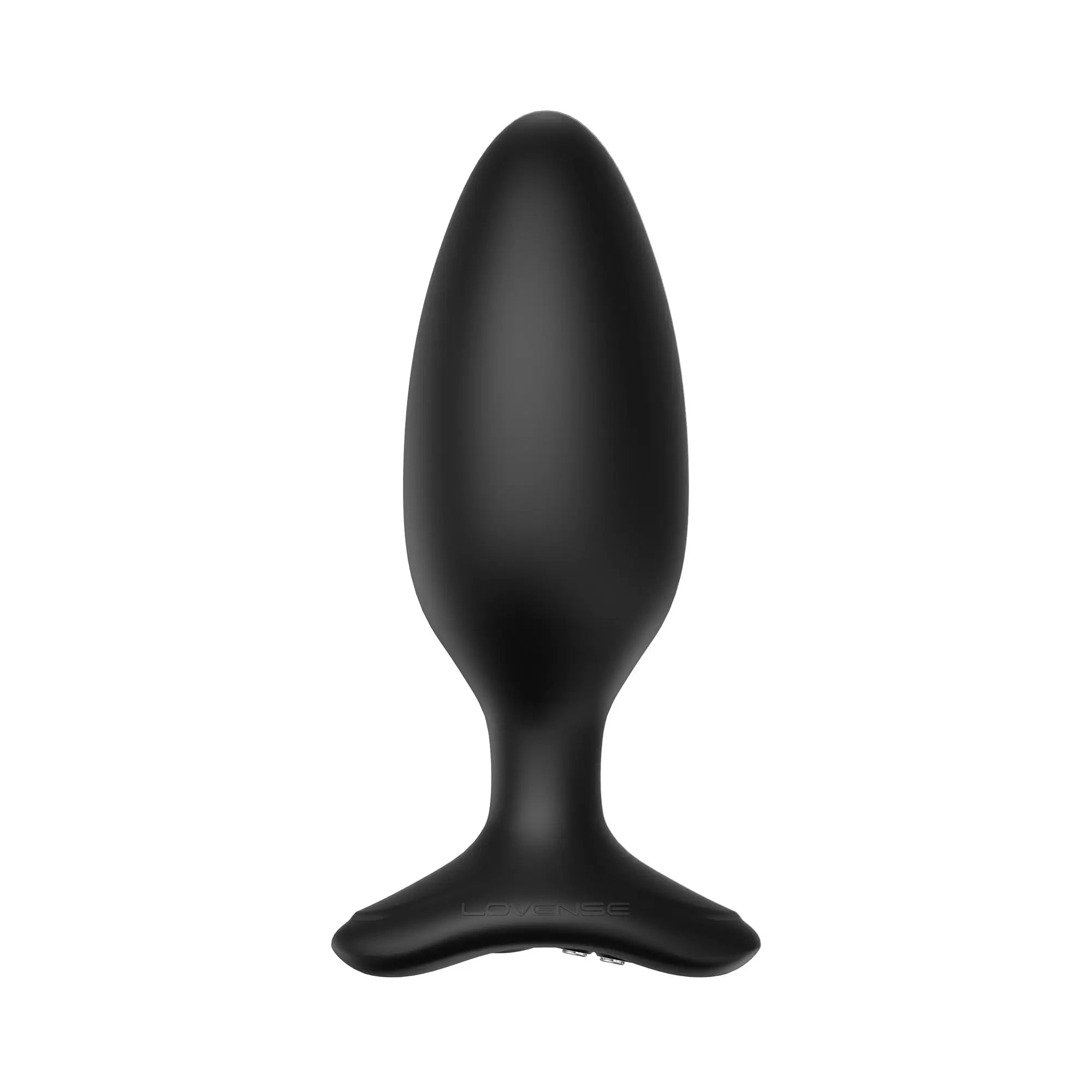 Black Lovense Hush 2 medium butt plug with a smooth, tapered silicone design and a curved base.