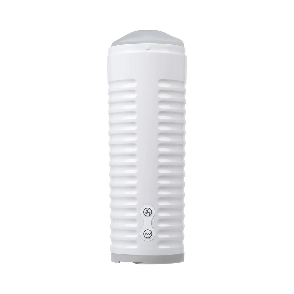 White Lovense Max 2 Bluetooth masturbator, a cylindrical ribbed device with two control buttons, on a white background.