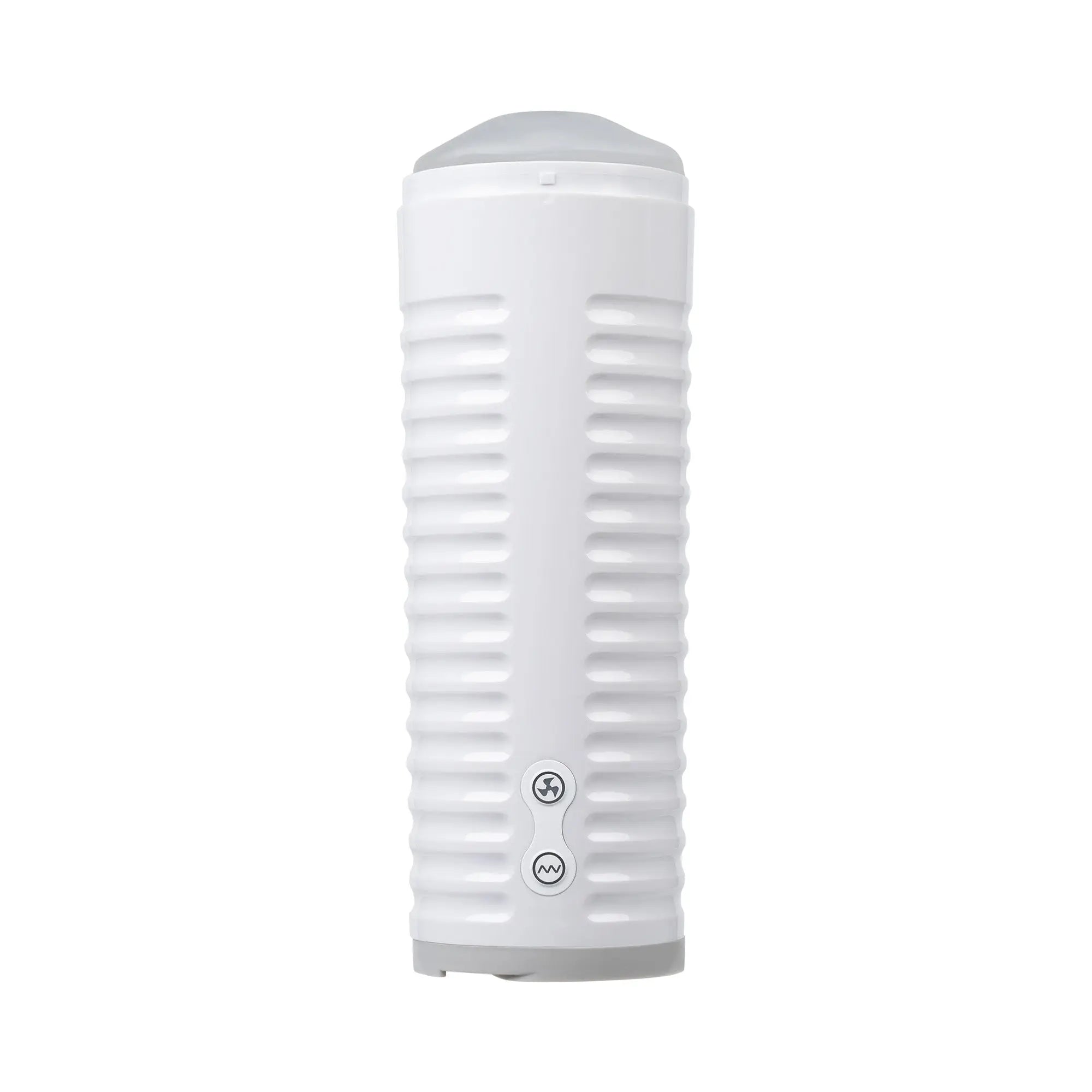 White Lovense Max 2 Bluetooth masturbator, a cylindrical ribbed device with two control buttons, on a white background.