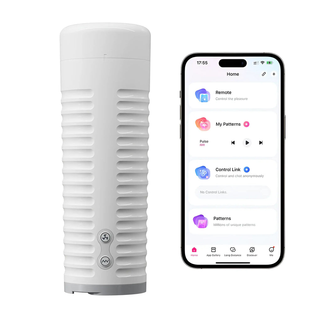 White Lovense Max 2 Bluetooth masturbator with ribbed texture next to a smartphone displaying the control app.