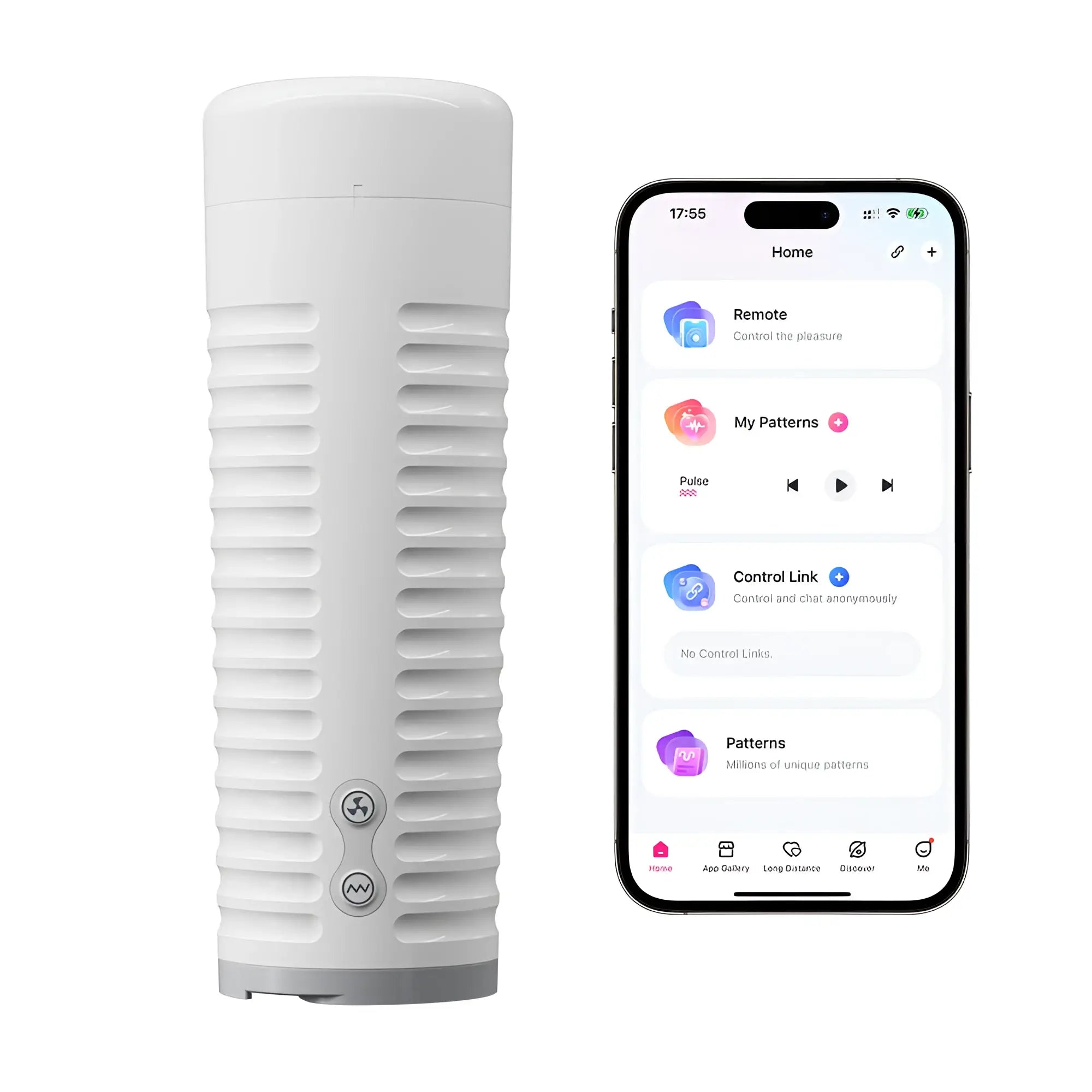 White Lovense Max 2 Bluetooth masturbator with ribbed texture next to a smartphone displaying the control app.