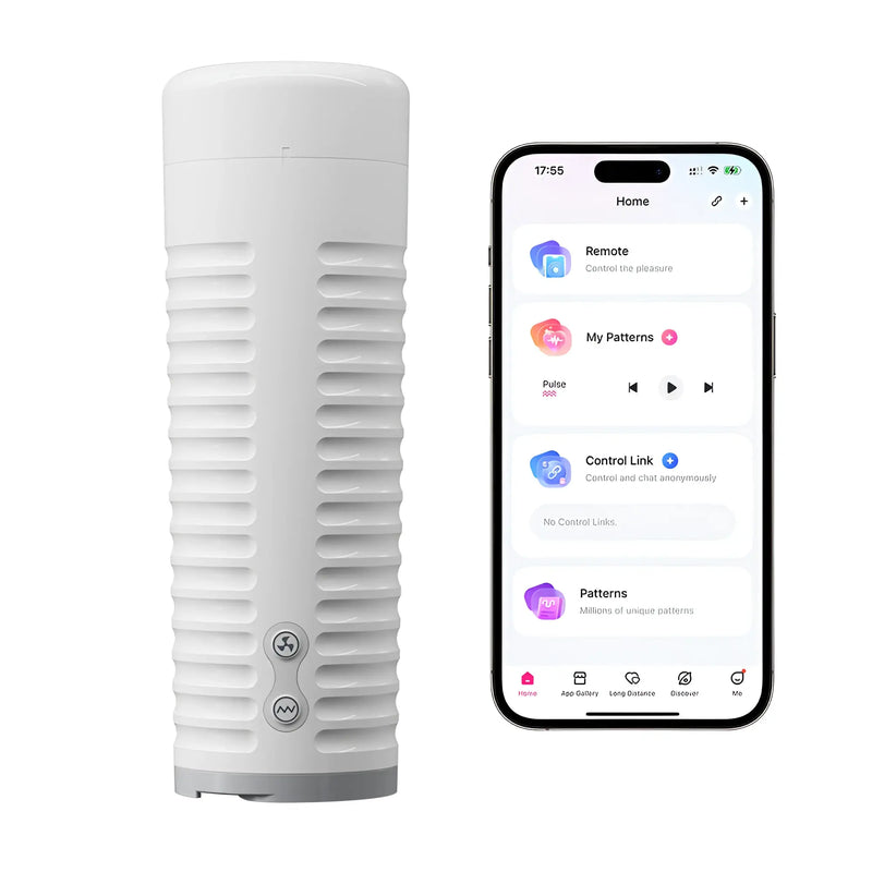 White Lovense Max 2 Bluetooth masturbator with ribbed texture next to a smartphone displaying the control app.