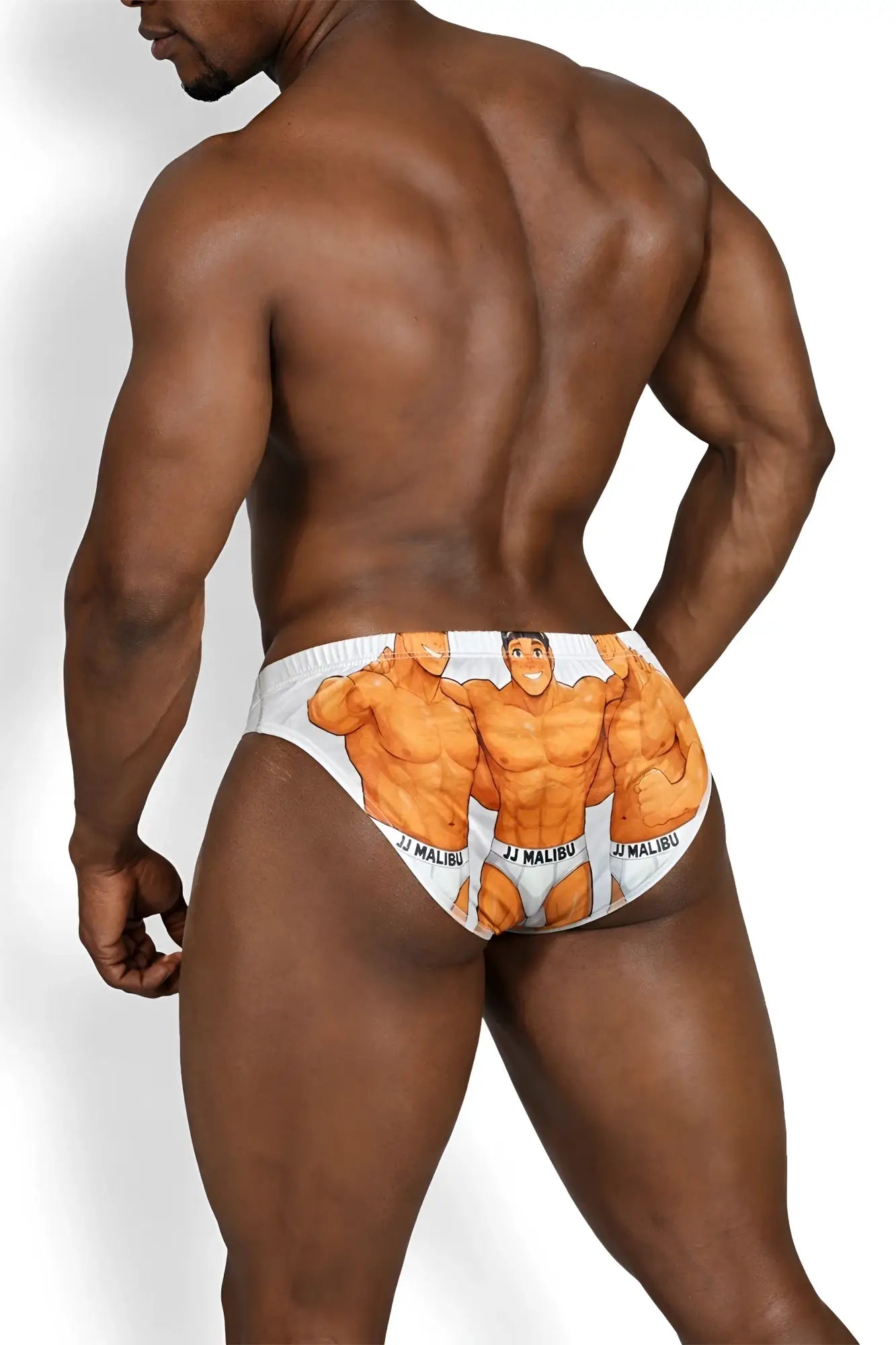White cotton briefs featuring a cartoon of three muscular men and jj malibu logo on the waistband lovesick briefs anime