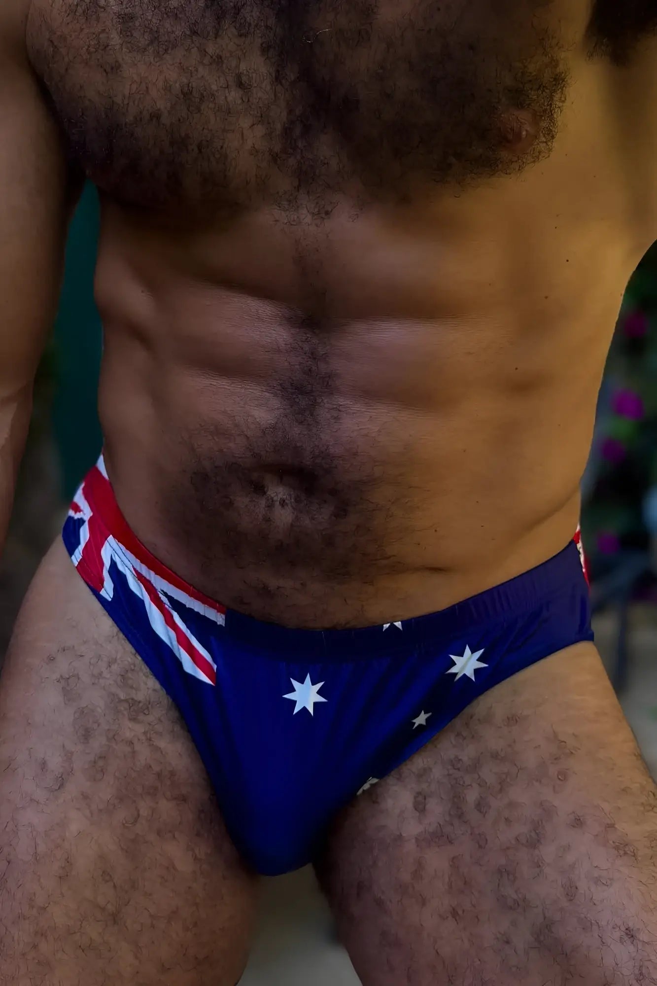 Blue swim trunks lovesick briefs featuring australian flag design with white stars and red white and blue stripes