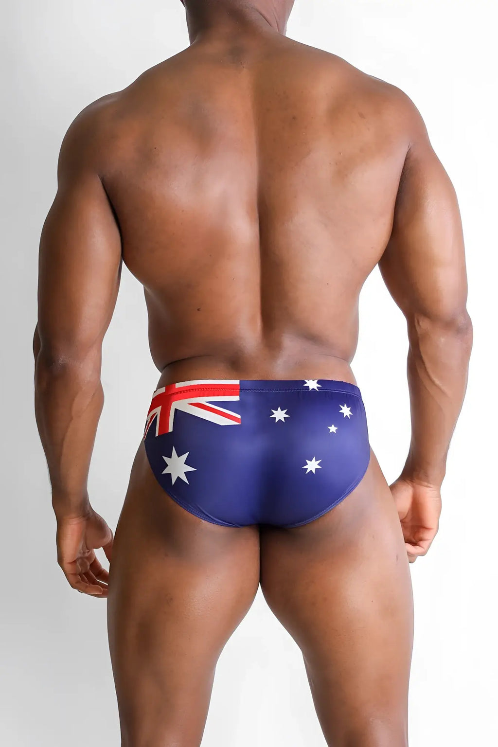 Blue swim trunks lovesick briefs featuring australia flag design with white stars and red white blue accents