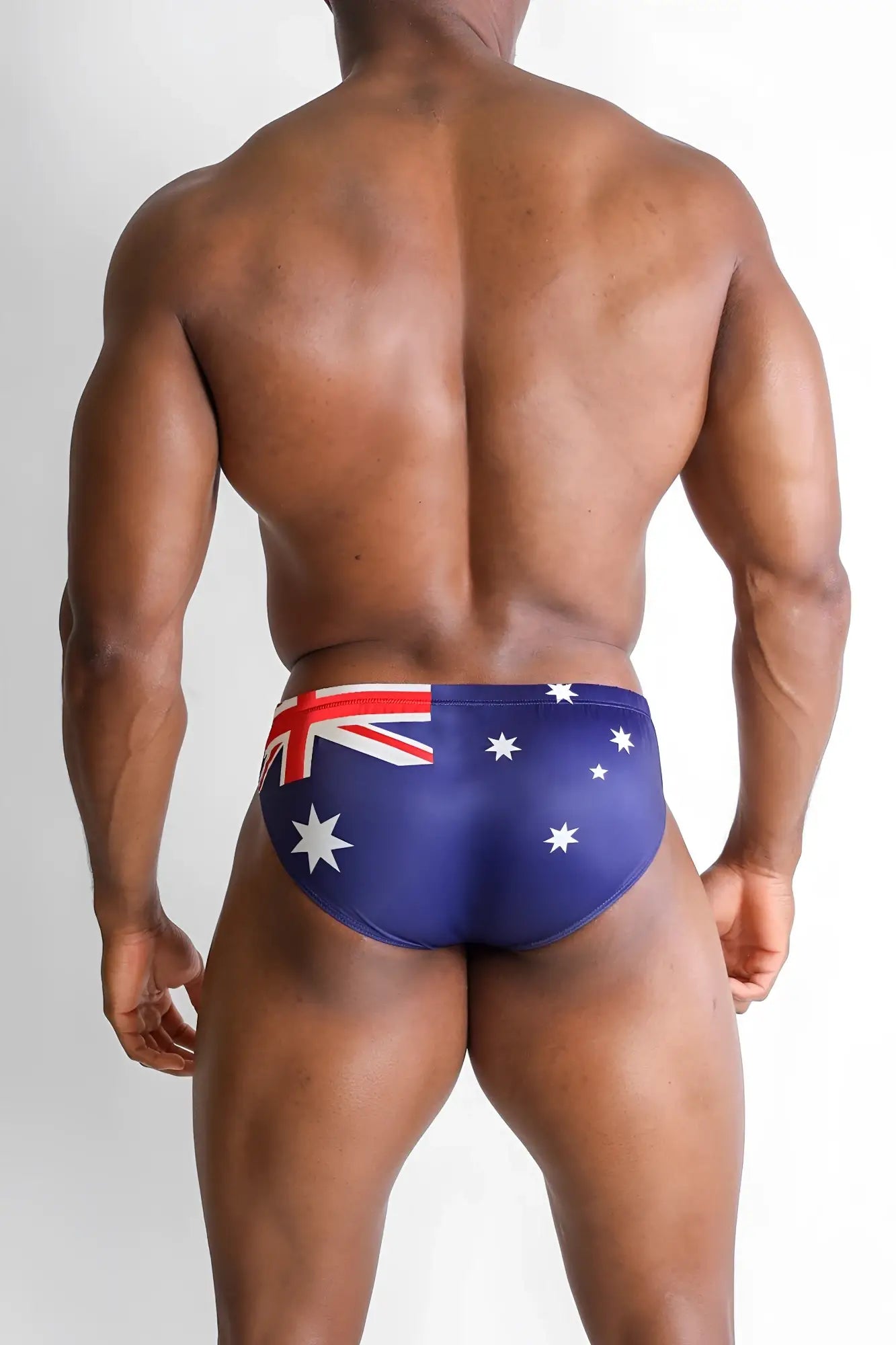 Blue swim trunks lovesick briefs featuring australia flag design with white stars and red white blue accents