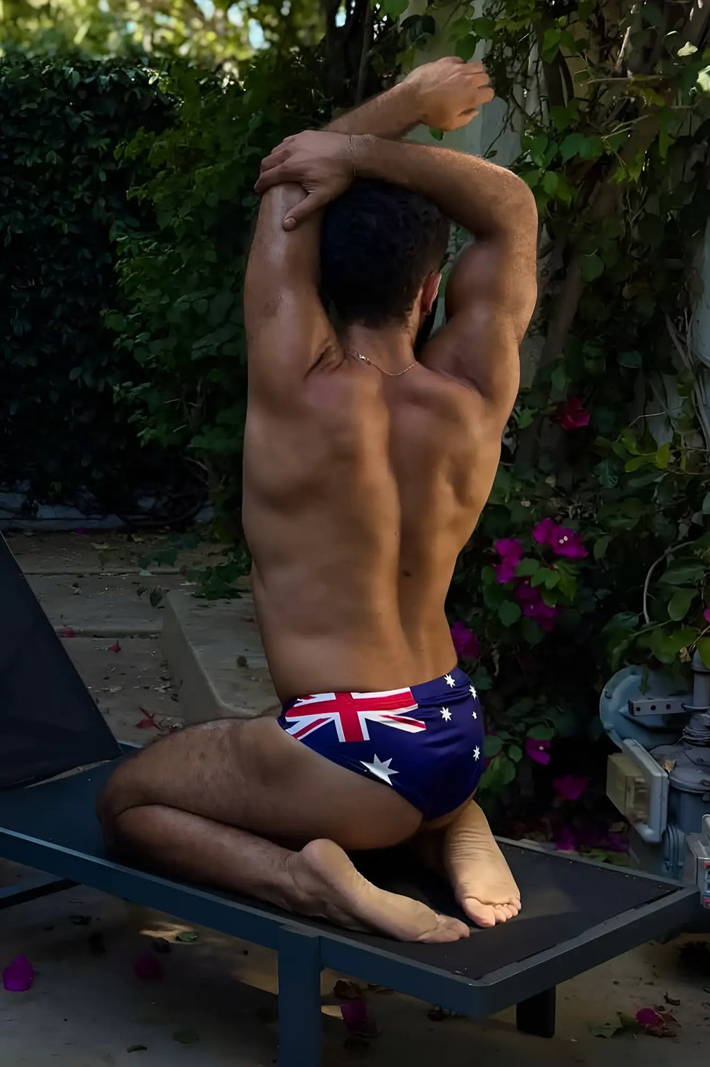 Blue swim trunks called lovesick briefs featuring the australian flag design ideal for beachwear