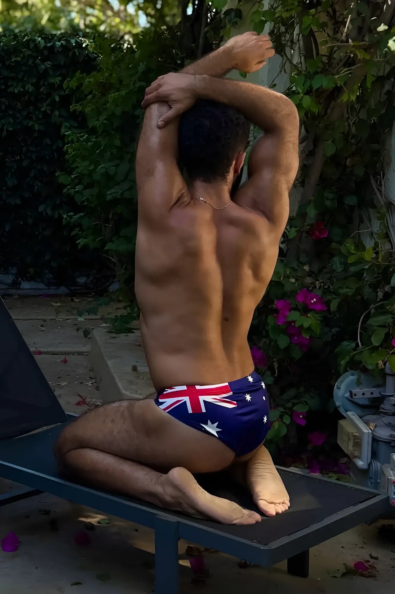 Blue swim trunks called lovesick briefs featuring the australian flag design ideal for beachwear