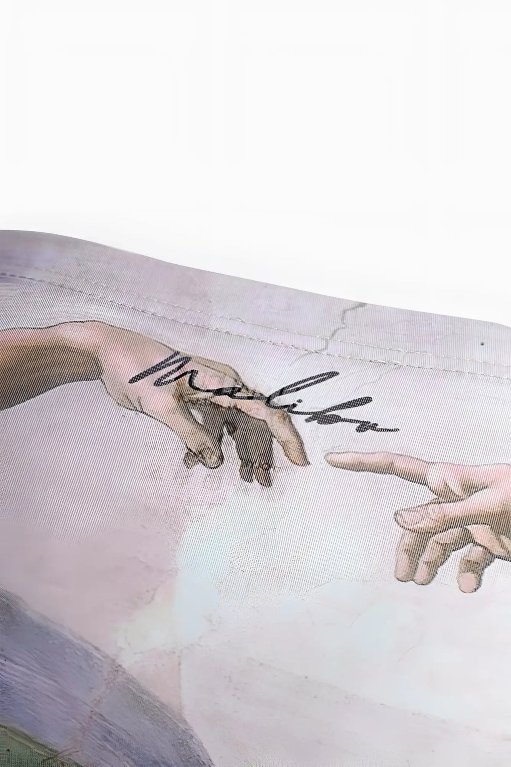 A soft light gray fabric sleeve featuring michelangelo’s the creation of adam print and artist’s signature on lovesick briefs hands