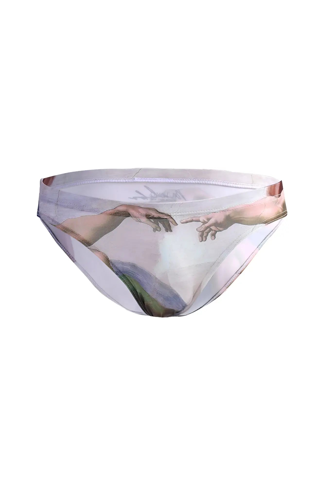 Transparent lovesick briefs featuring michelangelo’s the creation of adam printed hands design on sheer fabric