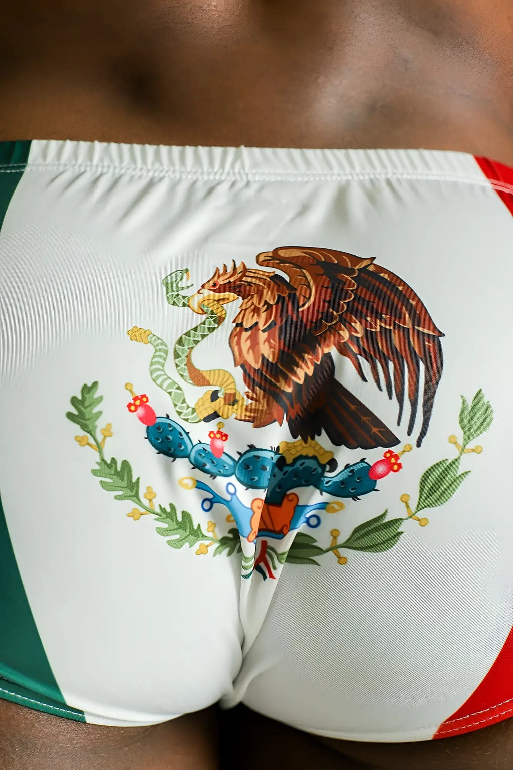 White swim trunks lovesick briefs featuring the mexican flag emblem with a brown eagle clutching a green snake