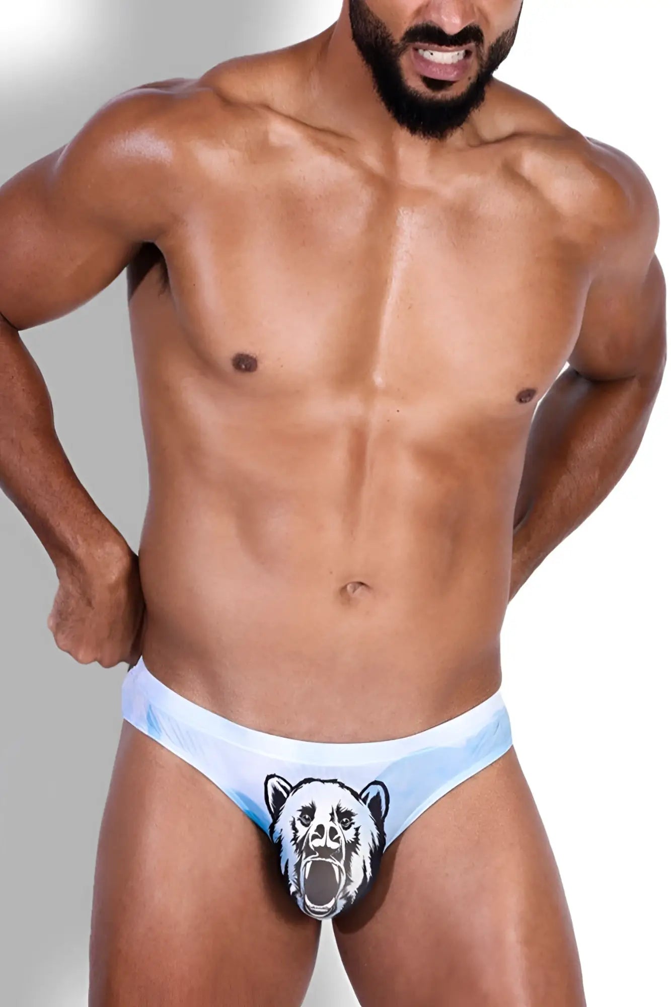 Light blue bear-themed lovesick briefs featuring a black and white roaring bear graphic on the front