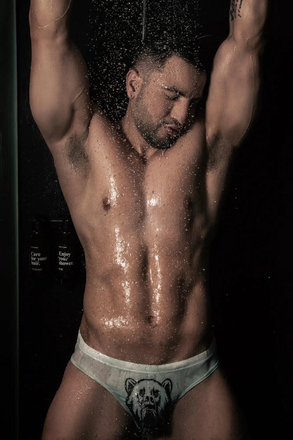 White briefs with a black bear face graphic from Lovesick Briefs Rawr featuring soft cotton material