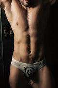 White sheer briefs with black bear face graphic from lovesick briefs rawr collection for playful everyday wear