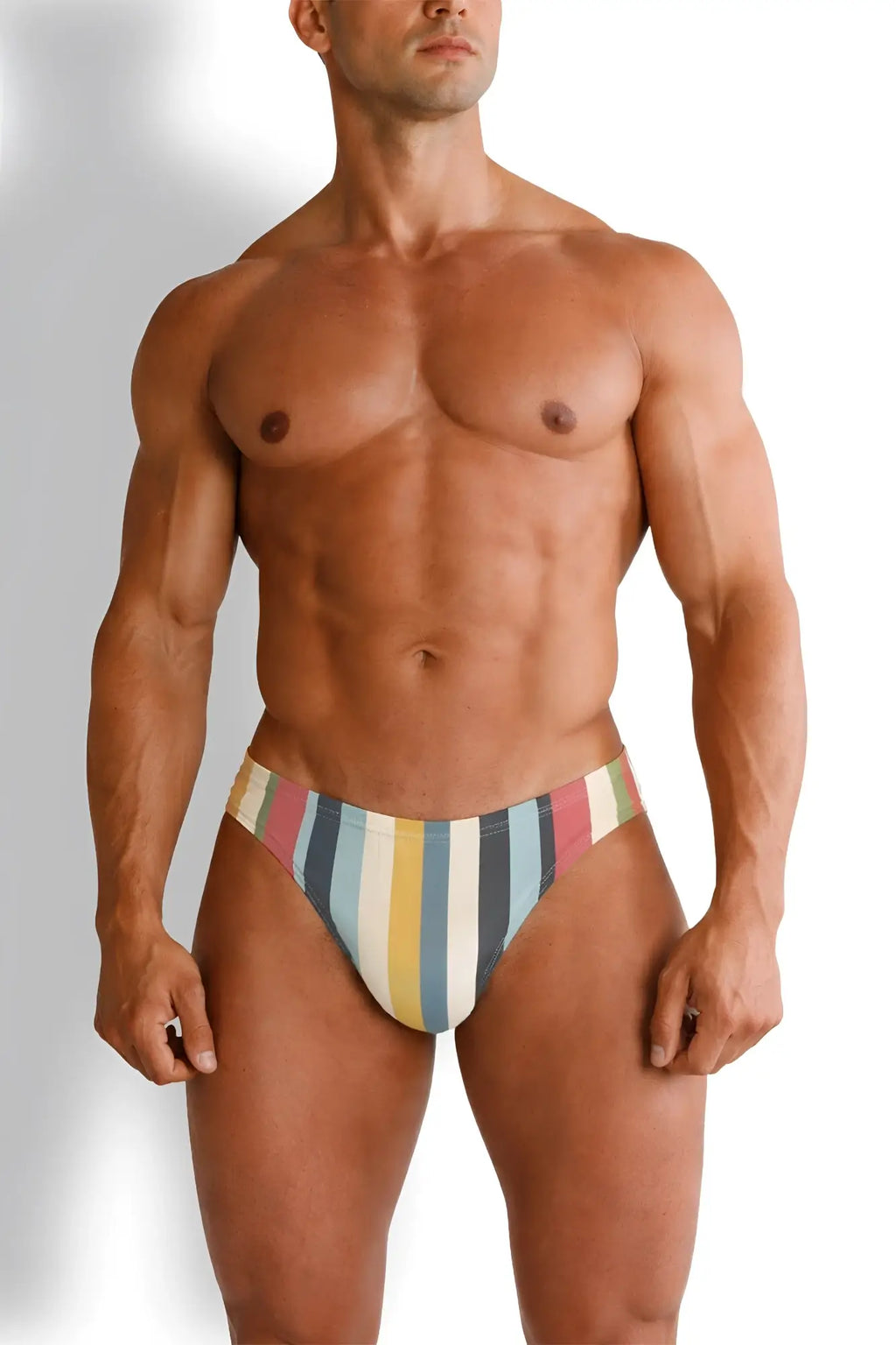 Striped men’s briefs in pastel pink yellow blue green and gray from the lovesick briefs retro stripes collection