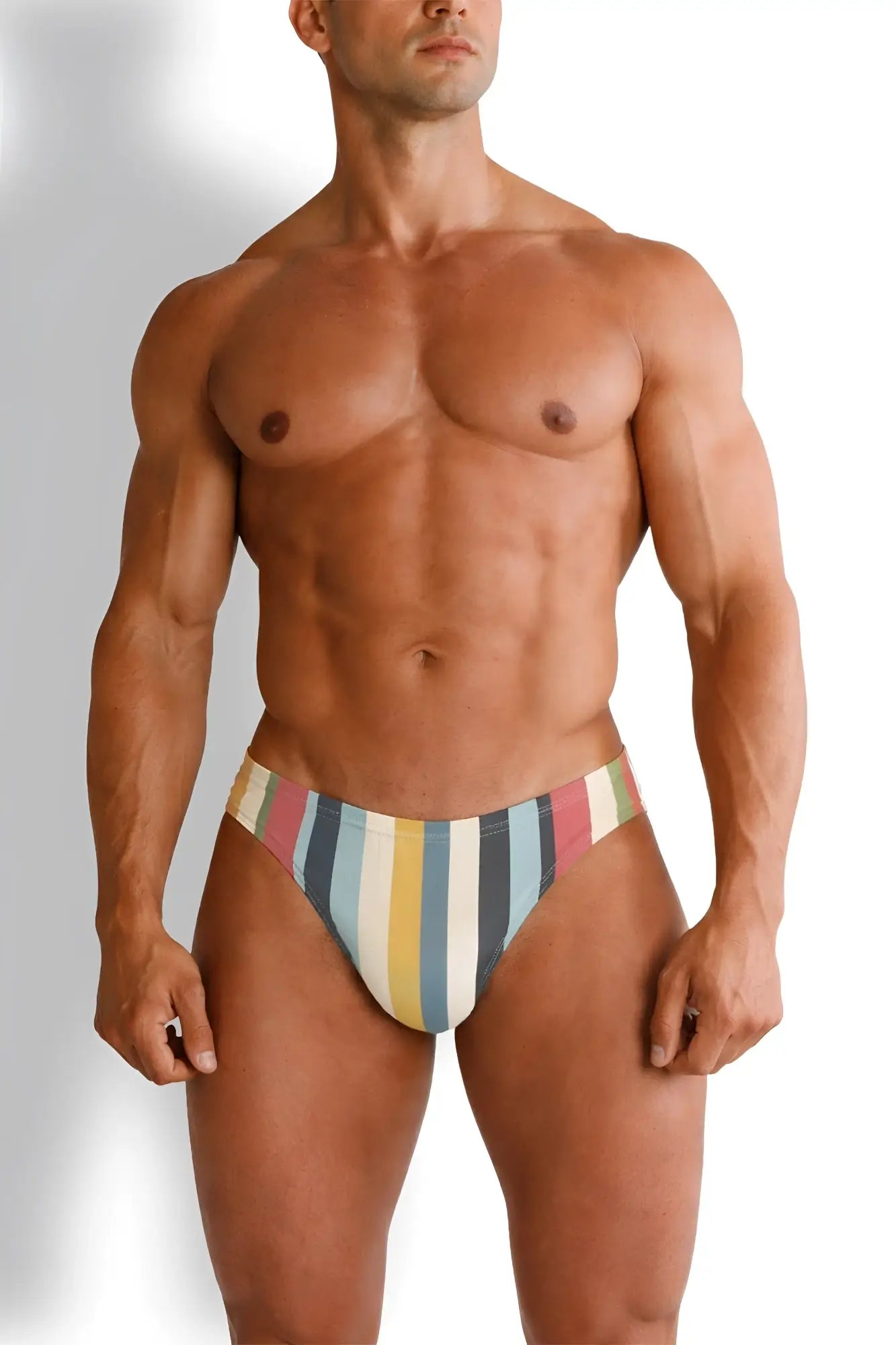Striped men’s briefs in pastel pink yellow blue green and gray from the lovesick briefs retro stripes collection