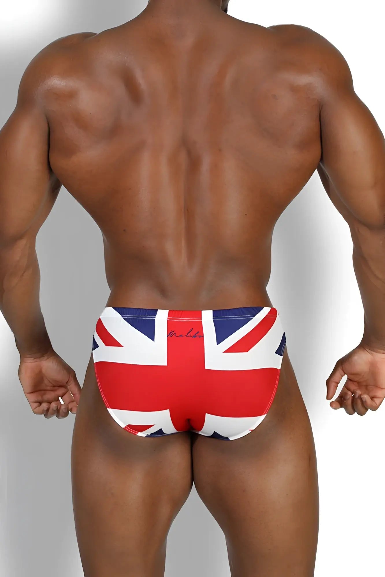 Lovesick briefs union jack swim trunks featuring red white and blue flag pattern for vibrant swimwear style
