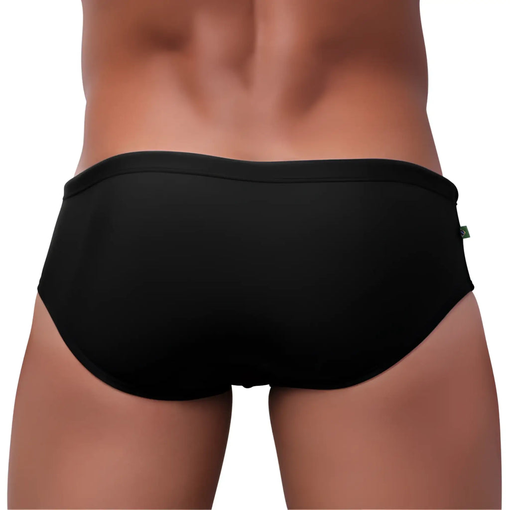 Black low rise solids cut sunga male bathing suit briefs with smooth form-fitting design and elastic waistband