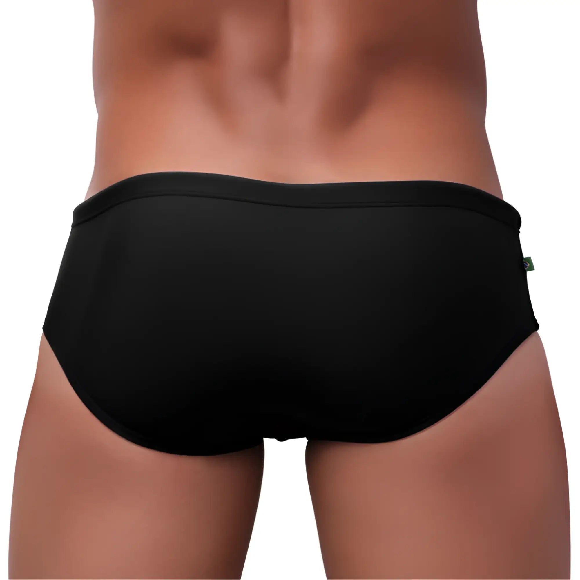 Black low rise solids cut sunga male bathing suit briefs with smooth form-fitting design and elastic waistband