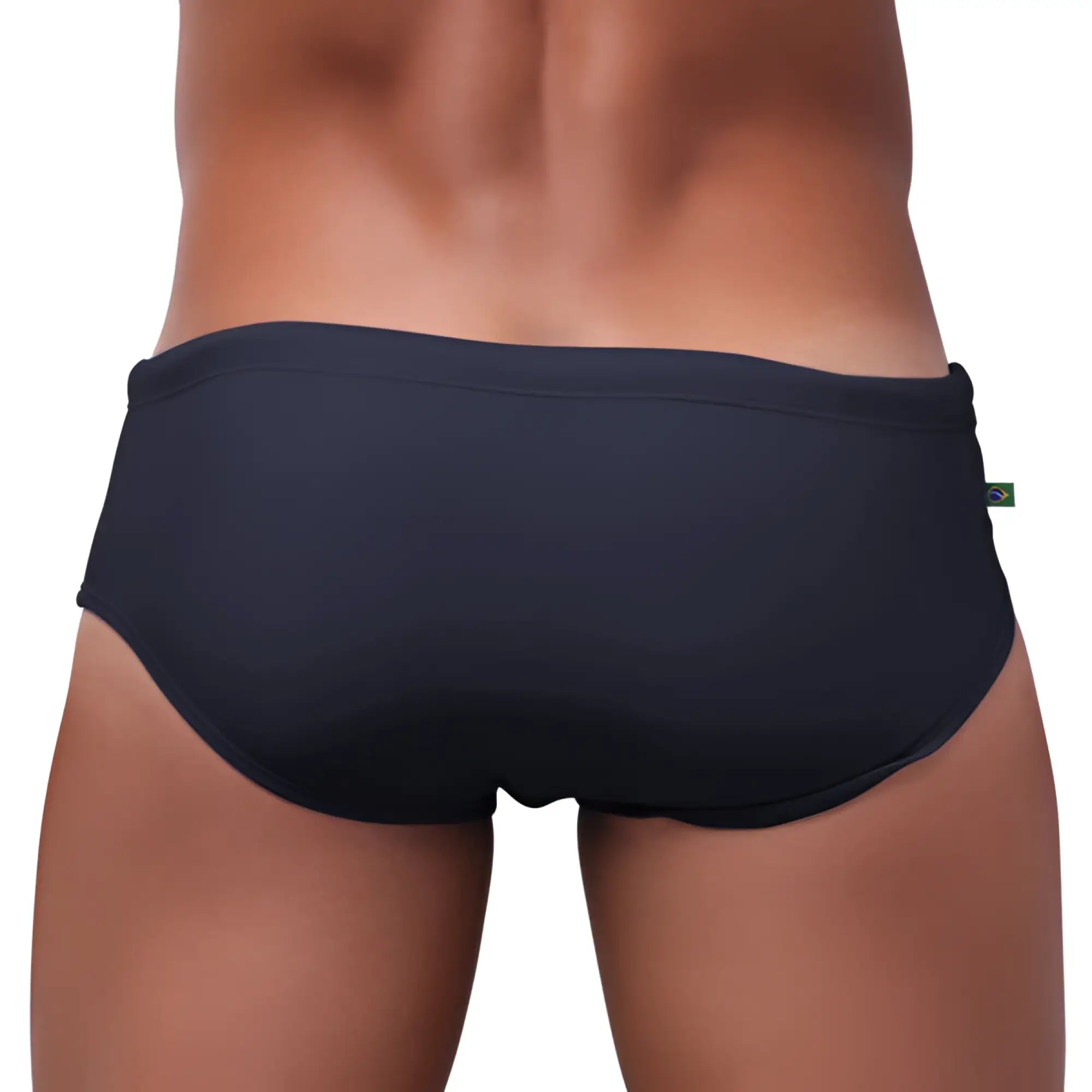 Black low rise solids cut sunga swim trunks with snug fit and elastic waistband for male bathing suit use