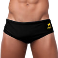 Black low rise solids cut sunga male bathing suit with yellow dog logo and ca rio text on waistband