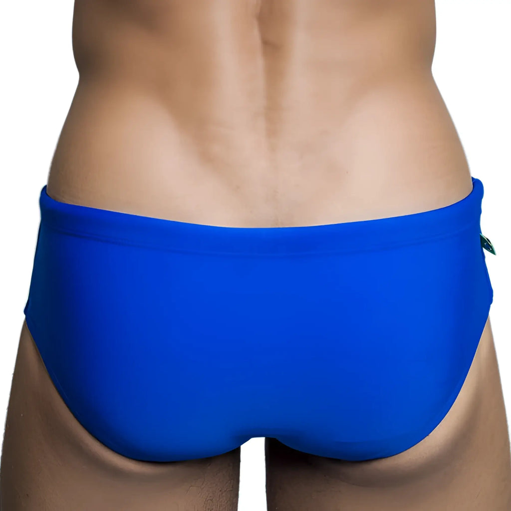 Bright blue low rise solids cut sunga male bathing suit with smooth form fitting swim trunks design
