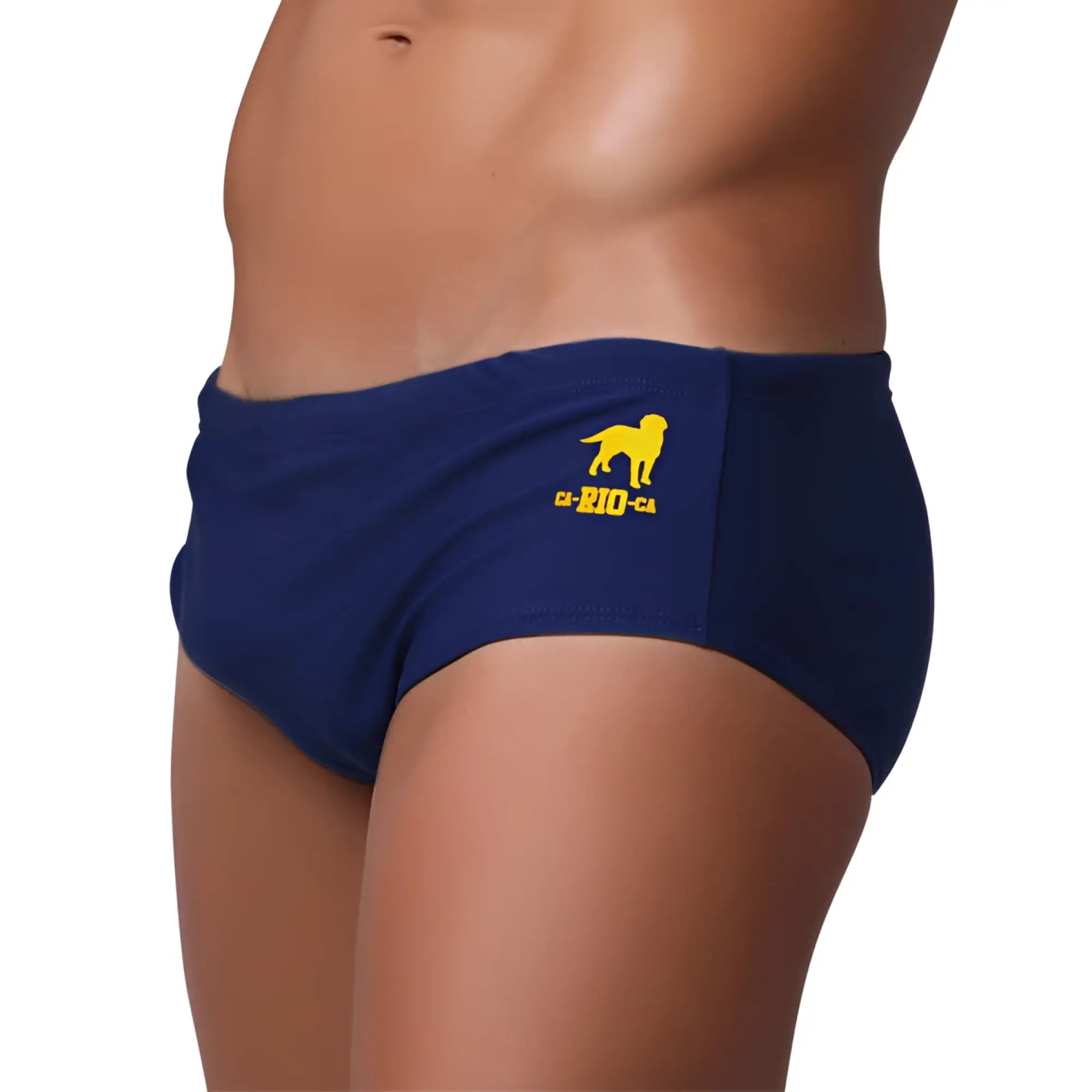 Navy blue low rise solids cut sunga male bathing suit with yellow dog logo and el rio ca text on the side