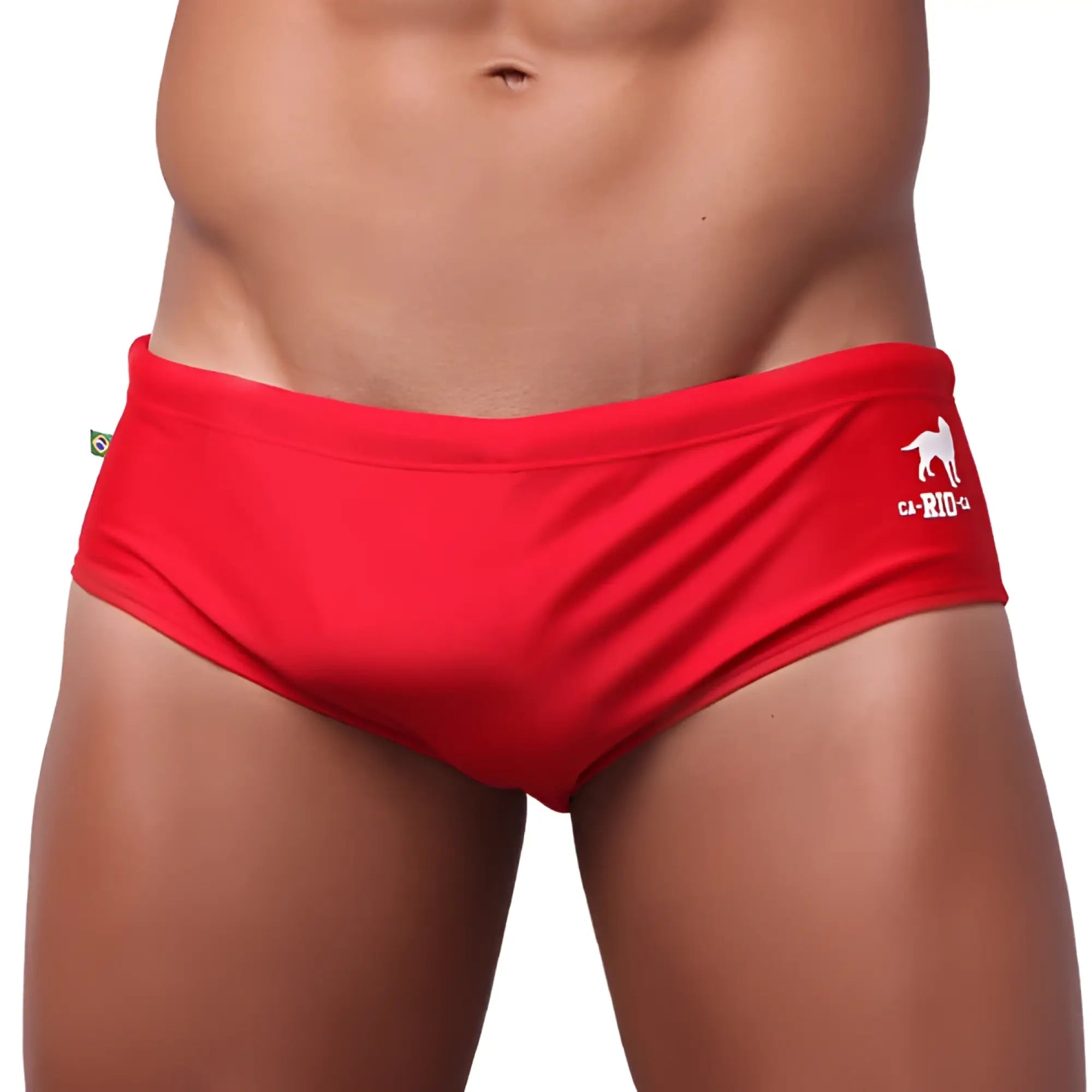 Low rise solids cut sunga red men’s swim trunks with white dog logo and ca rio text on waistband