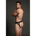 Black lace thong with floral pattern and solid black waistband shown from the back in luca lace men’s open back brief design