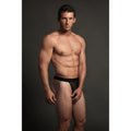 Black lace thong with solid black waistband showing the back side in the Luca Lace men’s thong product image