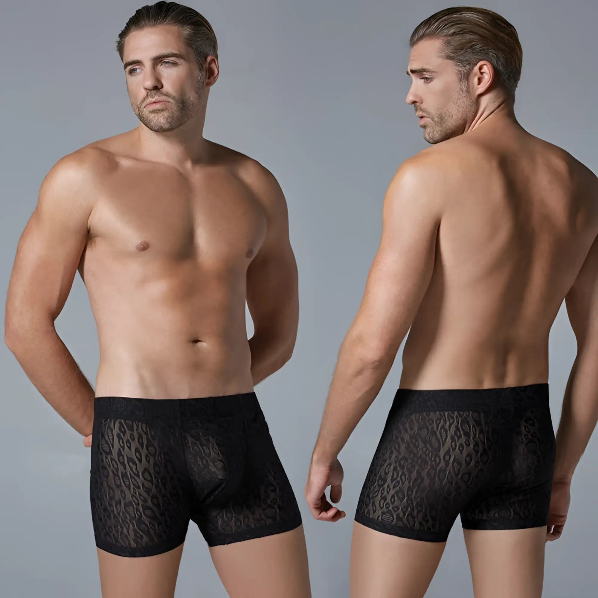 Black lace boxer briefs with subtle leopard print pattern in black luca leopard boxer s m style