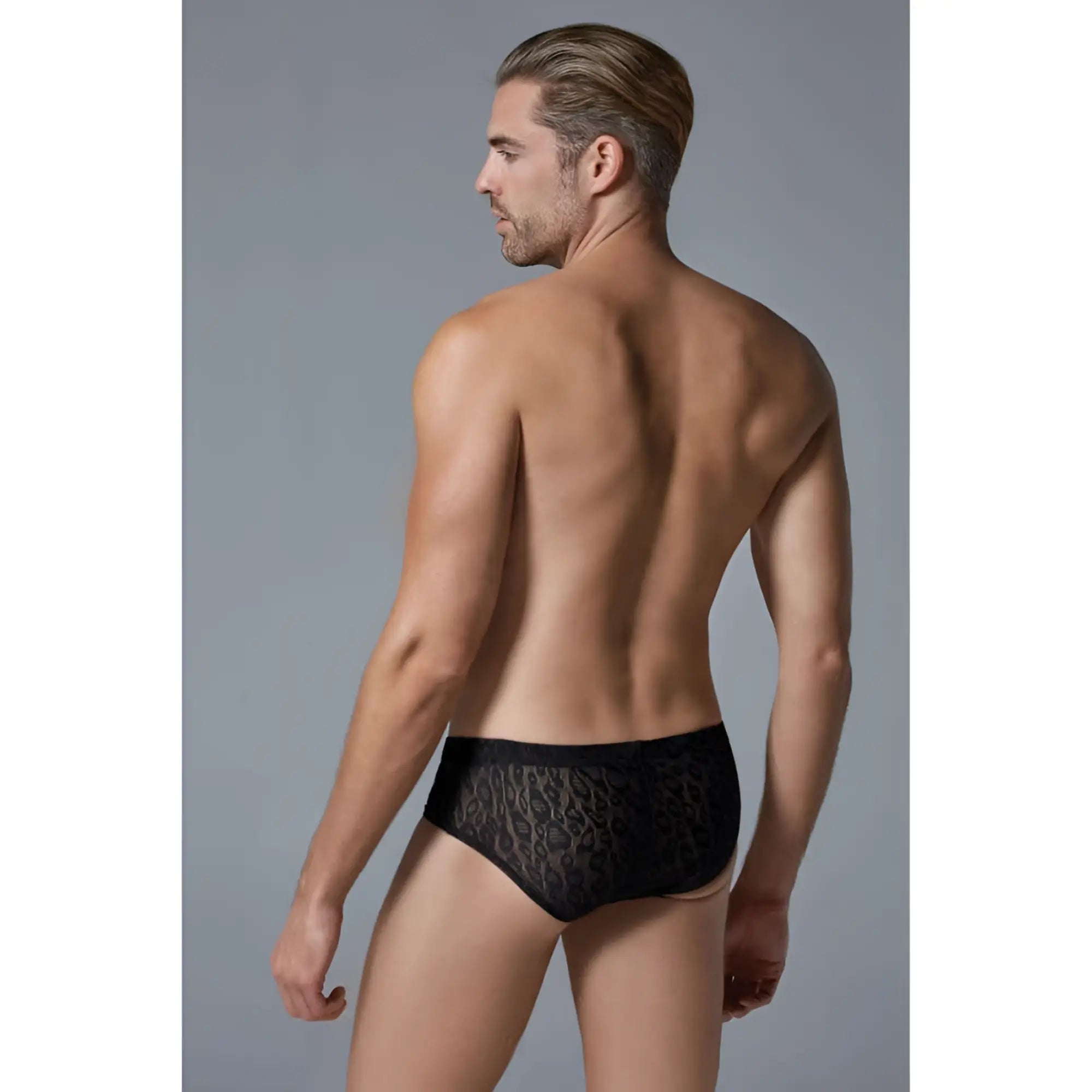 Luca Leopard men’s black lace briefs with an intricate pattern showcasing the front design