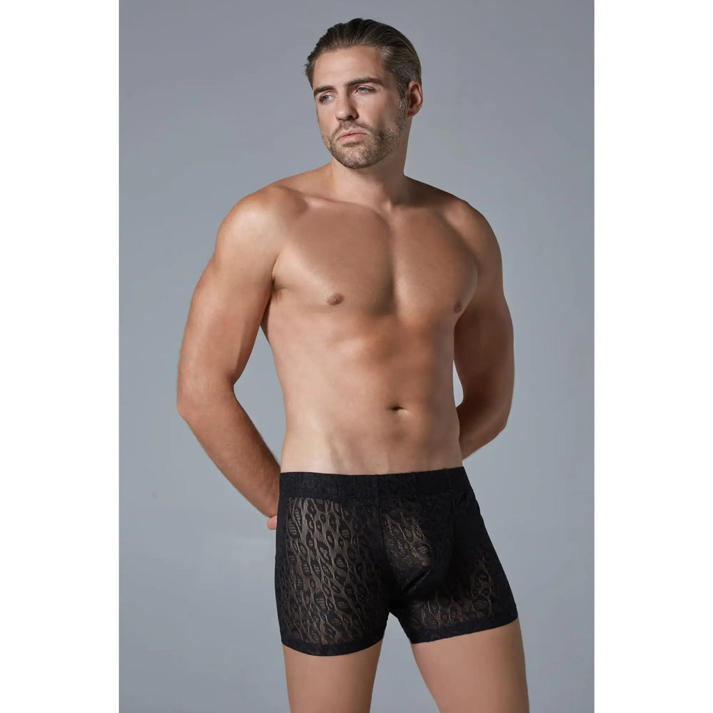 Black lace boxer briefs with an intricate pattern from luca leopard men’s shorts collection