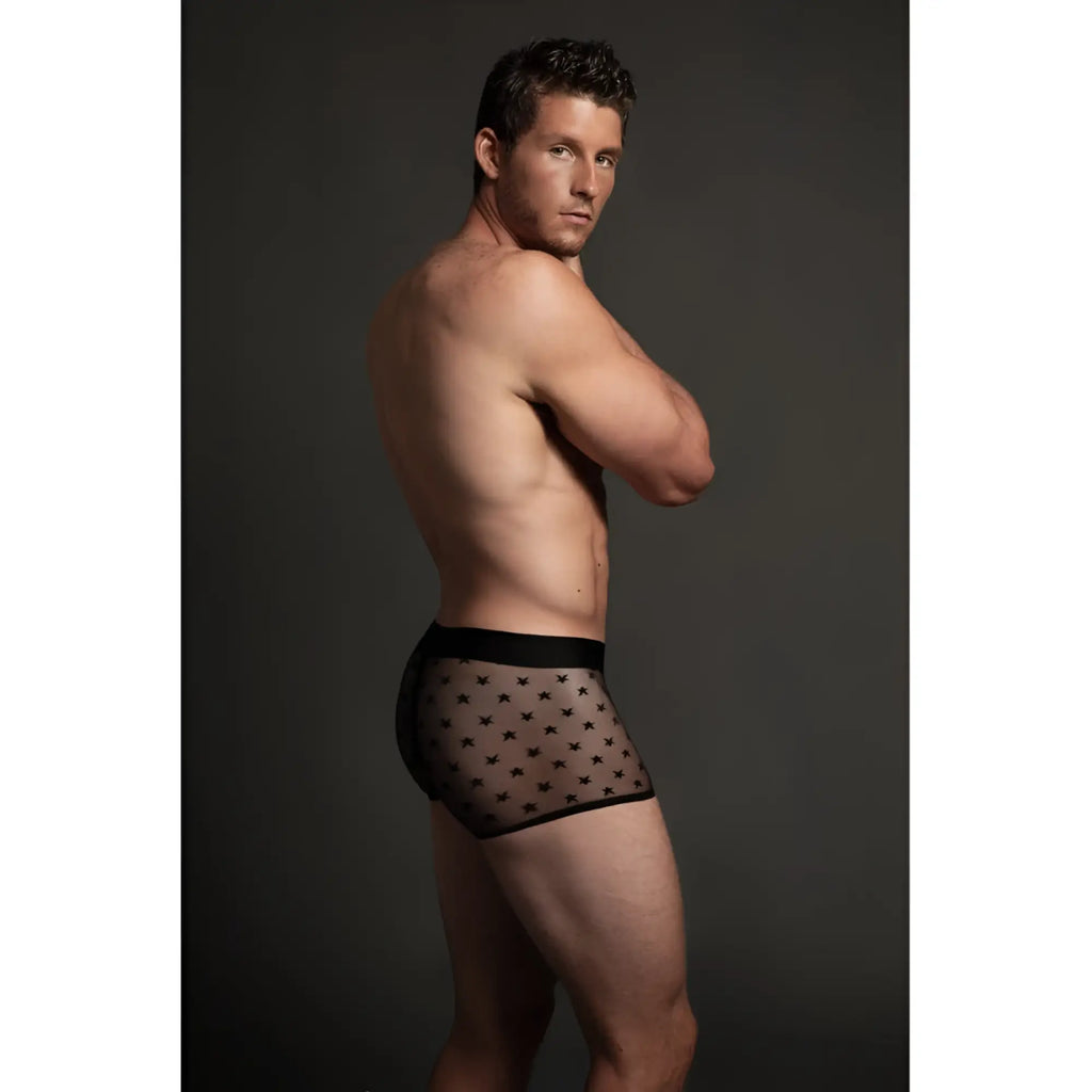 Black sheer boxer briefs with subtle star pattern and solid black waistband from luca star men’s boxers collection