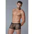 Black sheer boxer briefs with subtle star pattern and solid black trim shown from the back for men by Luca Star