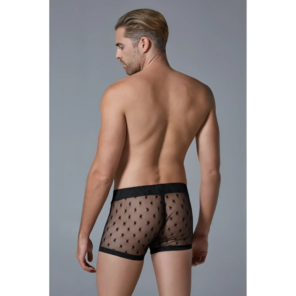 Black sheer boxer briefs with subtle star pattern and solid black waistband from luca star men’s shorts collection