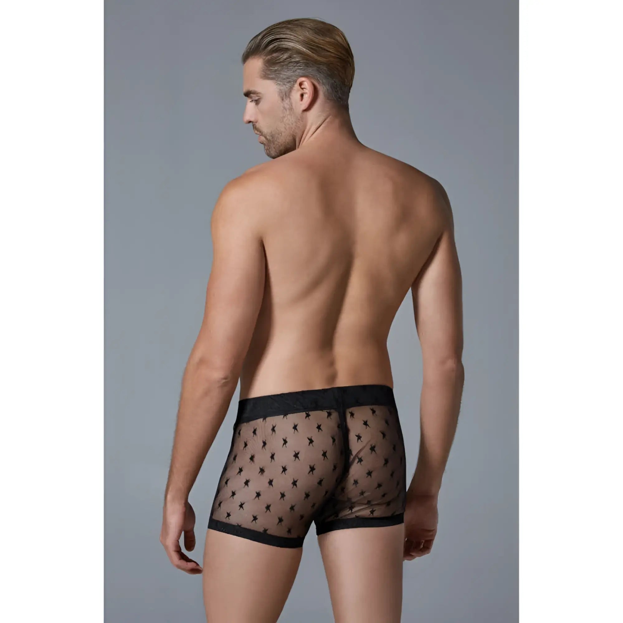 Black sheer boxer briefs with subtle star pattern and solid black waistband from luca star men’s shorts collection